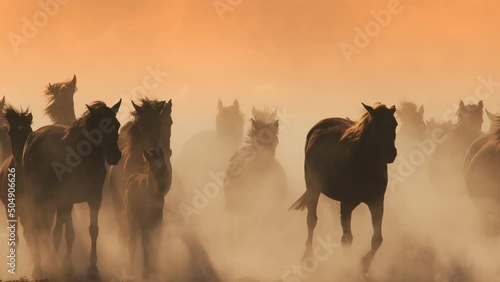 Wild horses are running in a crowded pack in slow motion. photo