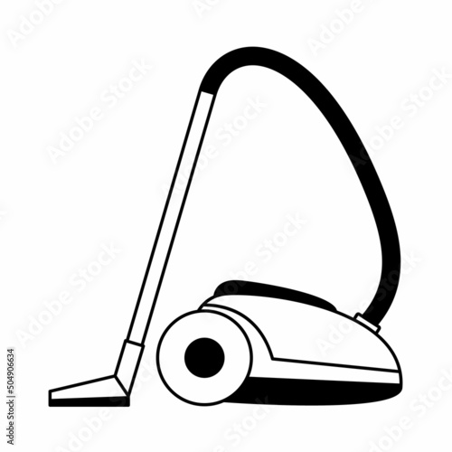 Traditional vacuum cleaner for cleaning domestic premises. Geometric styling. A technique used to collect dust and debris. Black and white icon in the style of flat and outline graphics.
