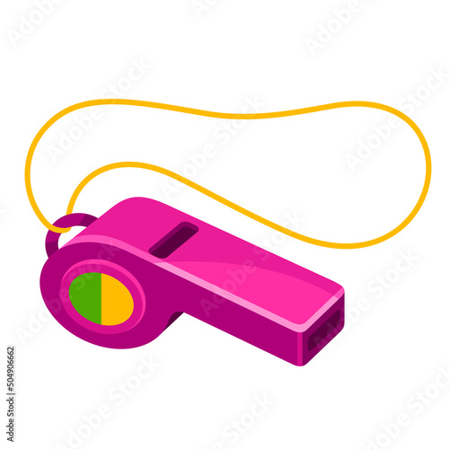 Pink purple sports whistle on rope isometric vector warning attention security loud sound signal