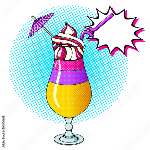 Illustration with exotic cocktail in a glass with an umbrella. Vector bright colored print in Pop Art style with space for text. Retro cartoon comic style. Design for stickers, poster