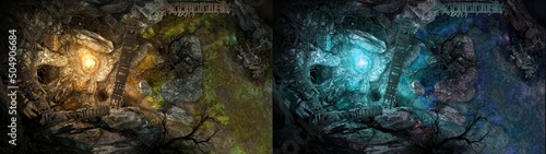 Bilde på lerret A combat adventure map for the board game dungeons and dragons, D&D, with a lair in the rocky mountains, trees  dying here, fire is burning, stairs and barricades are set up in the rocks