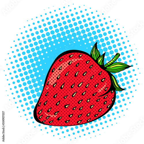 Illustration one whole strawberry. Fruit close up. Vector bright colored print in Pop Art style. Retro cartoon comic style. Design for stickers, poster