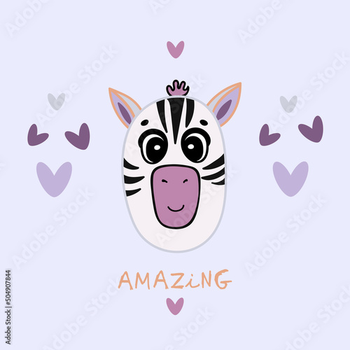 Cute hand drawn decorative color vector illustration. Cute zebra character with hearts and lettering. T-shirt design idea.