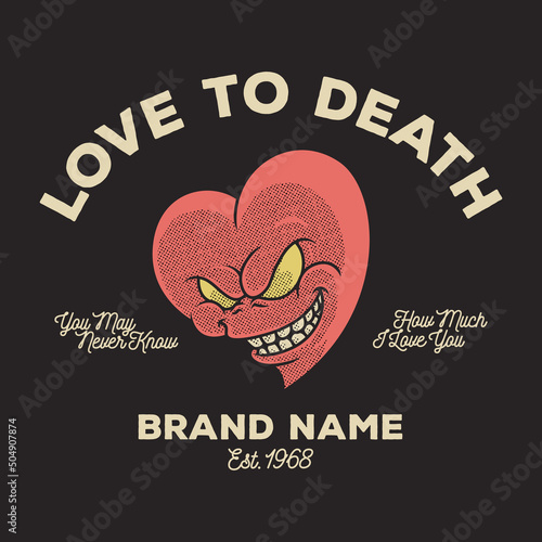 Cartoon emblem of fierce faced heart with retro style