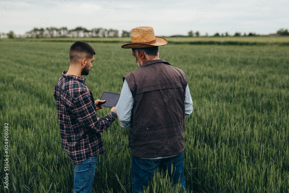 farmers talking in wheat field