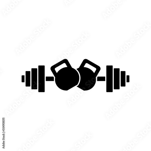 Gym logo with kettlebell and barbell. Isolated vector illustration on white background.