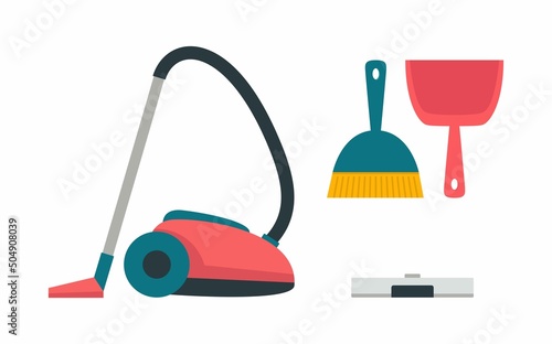 A set of items for cleaning the premises. Modern and traditional technologies for removing dust and dirt with a broom, dustpan and various types of vacuum cleaners. Flat graphic style illustration
