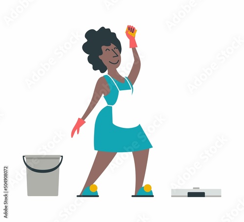 Cheerful dark-skinned housewife puts things in order in the house. A woman in an apron with a washcloth in her hands and a bucket of water. Cleaning Assistant Robot Vacuum Cleaner. Flat graphic style.