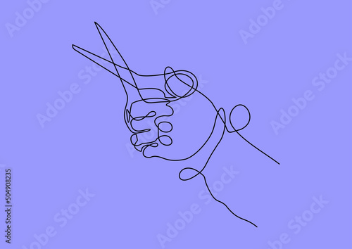 Line illustration of human hand holding scissors-continuous line drawing