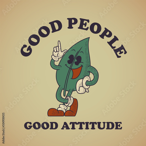Cartoon emblem of happy leaf with retro style