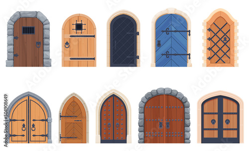 Medieval castle, door with wrought iron elements. Wooden doors, gates. Vector illustration