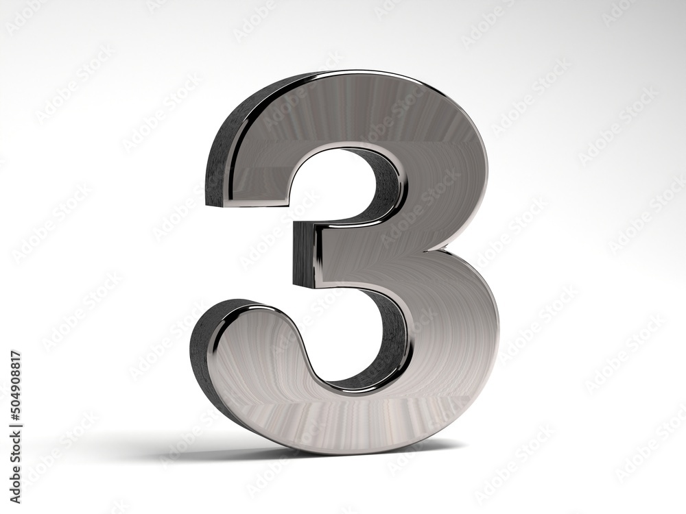 Number three made of steel on a white background. Metal volumetric figure. 3D render. Number three made of steel on a white background. Metal volumetric figure. 3D render.