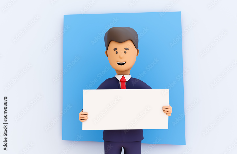Cartoon businessman holding a blank blackboard - space for an inscription - mockup template 3d render