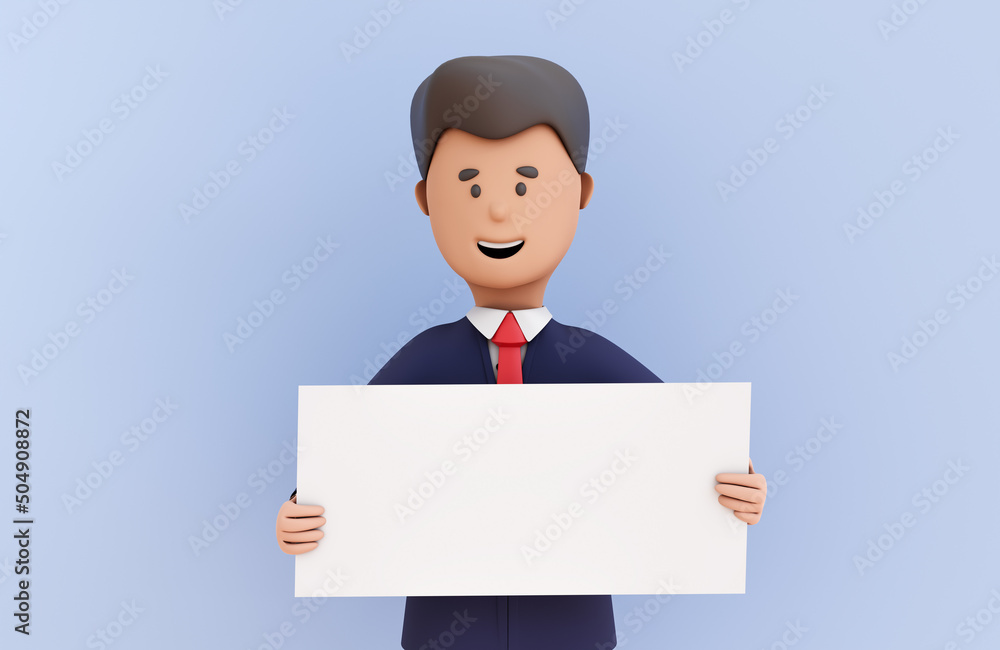 Cartoon businessman holding a blank blackboard - space for an inscription - mockup template 3d render Cartoon businessman holding a blank blackboard - space for an inscription - mockup template 3d render