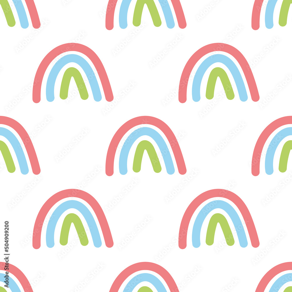 Seamless childish pattern with cute rainbow doodle. Organic shapes. Summer design. Creative scandinavian kids texture for fabric, wrapping, textile, wallpaper, apparel. Hand drawn vector illustration. Seamless childish pattern with cute rainbow doodle. Organic shapes. Summer design. Creative scandinavian kids texture for fabric, wrapping, textile, wallpaper, apparel. Hand drawn vector illustration.