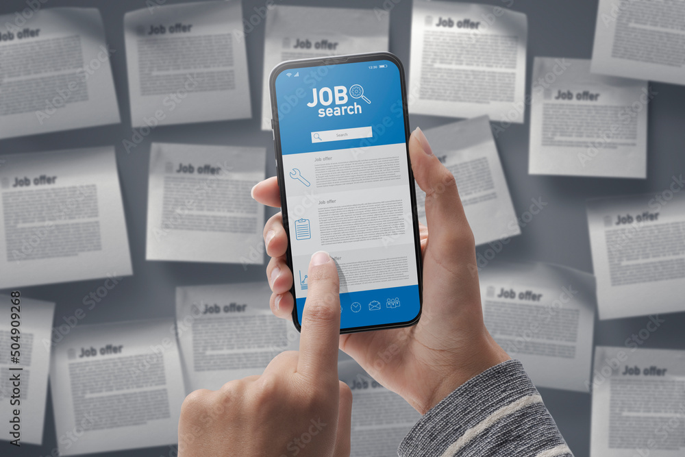 Job search app on smartphone - obrazy, fototapety, plakaty 