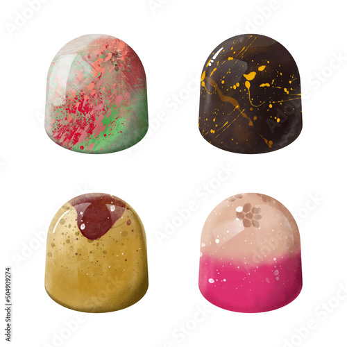 Set of Assorted Hand Drawing Watercolor Bonbon Chocolate Candy Digital Vector Illustration Graphic Template