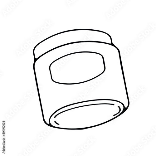 A jar with a plastic lid. Cream, scrub or gel for cosmetic, hygienic or medical purposes. Cozy relaxing spa home. Vector isolated black line logo.
