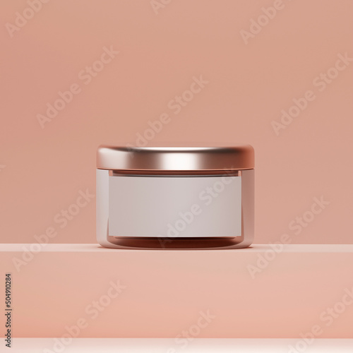 Beauty cosmetic cream mockup on light pink podium pedestal showcase. 3d render. Blank skin care product template, luxury skincare body moisturizer bottle.