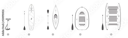 Rafting inflatable gear isolated illustration. Paddle board, kayak, boat, catamaran. Set of nine objects