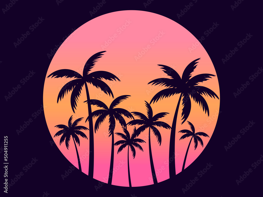 Palm trees against a gradient sun. Outlines of tropical palm trees at sunset, Miami. Design for advertising brochures, banners, posters, travel agencies. Vector illustration - obrazy, fototapety, plakaty 