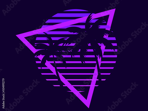 80s retro sci-fi palm trees on a sunset. Retro futuristic sun with palm trees. Summer time. Synthwave and retrowave style. Design for advertising brochures, banners and posters. Vector illustration