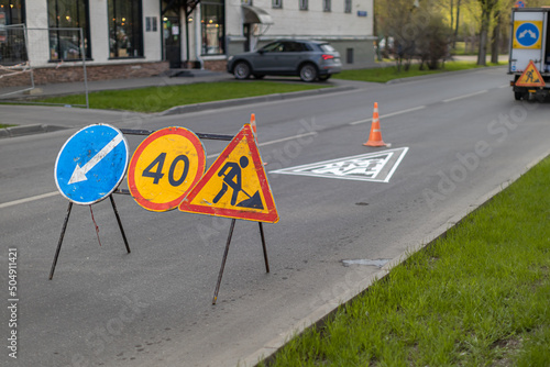  road sign warning of repair work