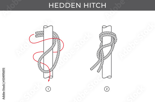 Vector simple instructions for tying a blackwall hitch. Three steps. Isolated on white background.