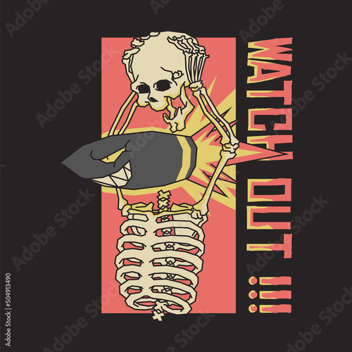 Retro illustration of skeleton raised its head dodging the missile fire