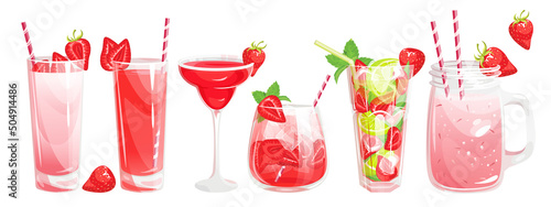 A set of strawberry cocktails.Summer refreshing drinks:strawberry juice, strawberry milkshake, daiquiri, mojito with strawberries, strawberry cocktail.Vector illustration.The concept of drinks.