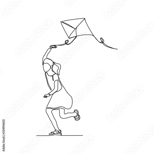 Continuous single one line art drawing of girl kids playing kite vector illustration