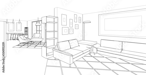 interior kitchen living room 3d illustration