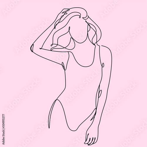 Woman in a bathing suit. One line vector drawing. Portrait minimalistic style. Nature symbol of cosmetics. Modern continuous line art. Fashion print.Modern
