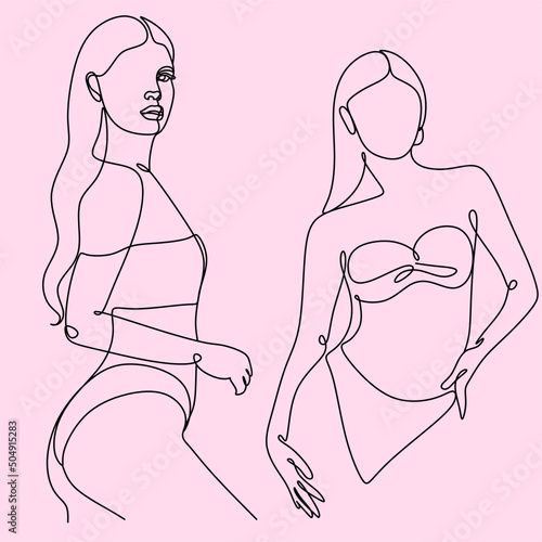 Woman in a bathing suit. One line vector drawing. Portrait minimalistic style. Nature symbol of cosmetics. Modern continuous line art. Fashion print.Modern
