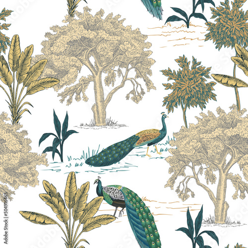 Park ink drawn trees,  peacock bird summer floral seamless pattern. Exotic landscape wallpaper.