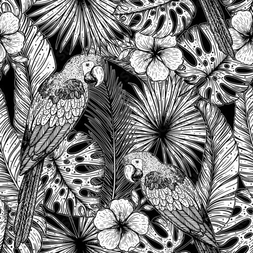 Tropical seamless pattern. Tropical design template. Parrot and palm leaves vector illustration. Summer design. Beautiful design for textiles. Jungle pattern. Print on cloth template.