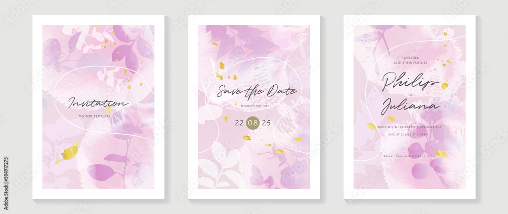 Luxury botanical wedding invitation card template. Pink watercolor card with leaf branches, gold glitters, foliage, eucalyptus. Elegant garden vector design suitable for banner, cover, invitation.
