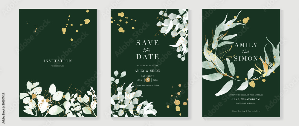 Luxury botanical wedding invitation card template. Green watercolor card with leaf branches, gold glitters, foliage, eucalyptus. Elegant garden vector design suitable for banner, cover, invitation. - obrazy, fototapety, plakaty 