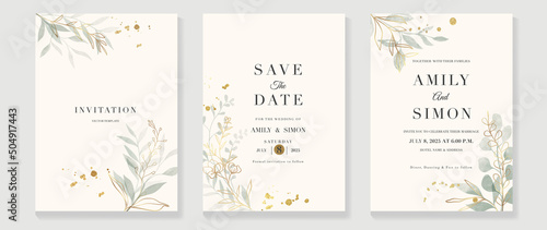 Luxury botanical wedding invitation card template. Minimal style card with leaf branches, gold glitters, flowers, eucalyptus. Elegant garden vector design suitable for banner, cover, invitation. photo