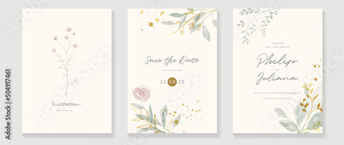 Luxury botanical wedding invitation card template. Minimal style card with leaf branches, gold glitters, flowers, eucalyptus. Elegant garden vector design suitable for banner, cover, invitation.