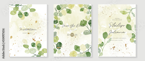 Luxury botanical wedding invitation card template. Green watercolor card with leaf branches, gold glitters, foliage, eucalyptus. Elegant garden vector design suitable for banner, cover, invitation.