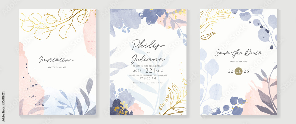 Luxury botanical wedding invitation card template. Purple watercolor card with leaf branches, gold glitters, foliage, eucalyptus. Elegant garden vector design suitable for banner, cover, invitation. - obrazy, fototapety, plakaty 