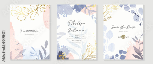 Luxury botanical wedding invitation card template. Purple watercolor card with leaf branches, gold glitters, foliage, eucalyptus. Elegant garden vector design suitable for banner, cover, invitation.