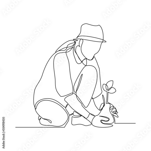 Continuous single one line art drawing of woman people planting and farming seed plan tree vector illustration