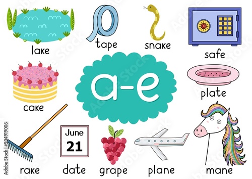 A-e digraph spelling rule educational poster set for kids with words say, day, play, pay, tray and others. Learning  phonics sound for school and preschool. Phonetic worksheet. Vector illustration