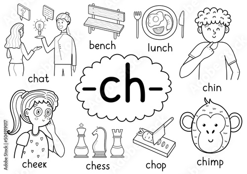 Ch digraph spelling rule black and white educational poster set for kids with words. Learning -ch- phonics sound  for school and preschool. Phonetic worksheet. Vector illustration