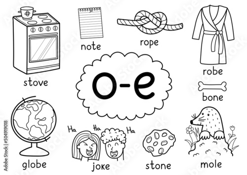 O-e digraph spelling rule black and white educational poster set for kids with words mole, joke, note, globe, etc. Learning phonics for school and preschool. Phonetic worksheet. Vector illustration