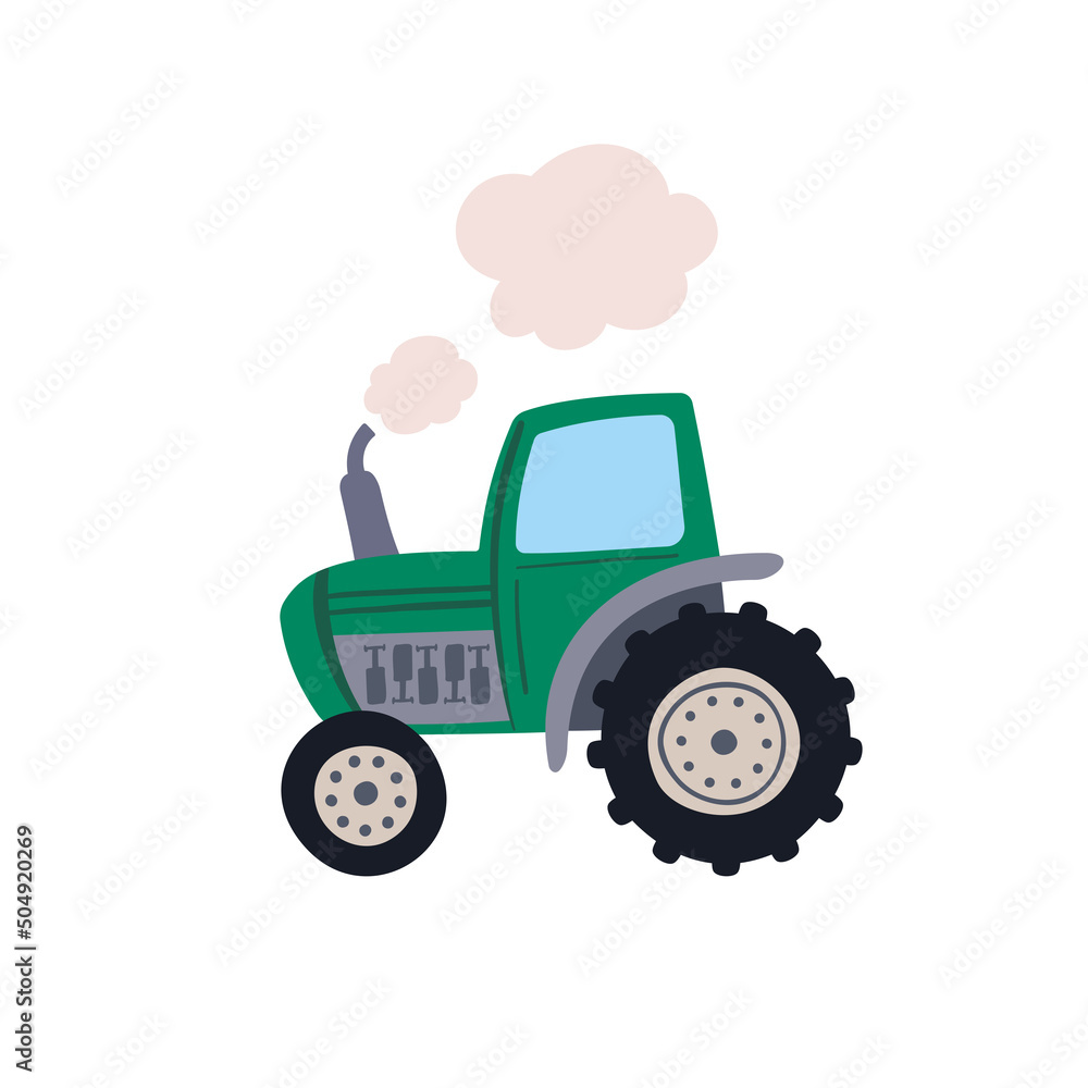 Green cartoon tractor isolated on white background. Vector cartoonish tractor illustration for kids. Green cartoon tractor isolated on white background. Vector cartoonish tractor illustration for kids.