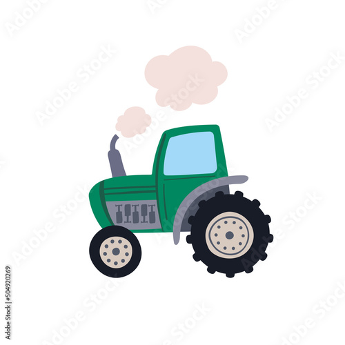 Green cartoon tractor isolated on white background. Vector cartoonish tractor illustration for kids. 