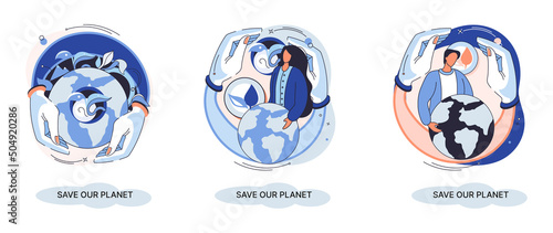 Save our planet ecological metaphor Earth day, love for native home. Sustainable gardening renewable energy. Caring for nature protecting environment stop air and water pollution, rational consumption